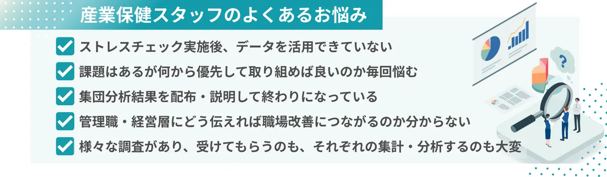 産業保健スタッフのよくあるお悩み　ストレスチェック実施後、データを活用できていない。　課題はあるが、何から優先して取り組めばよいか毎回悩む。集団分析結果を配布・説明して終わりになっている。管理職・経営層にどう伝えれば職場改善につながるのかわからない。様々な調査があり、受けてもらうのも、それぞれ集計・分析するのも大変。