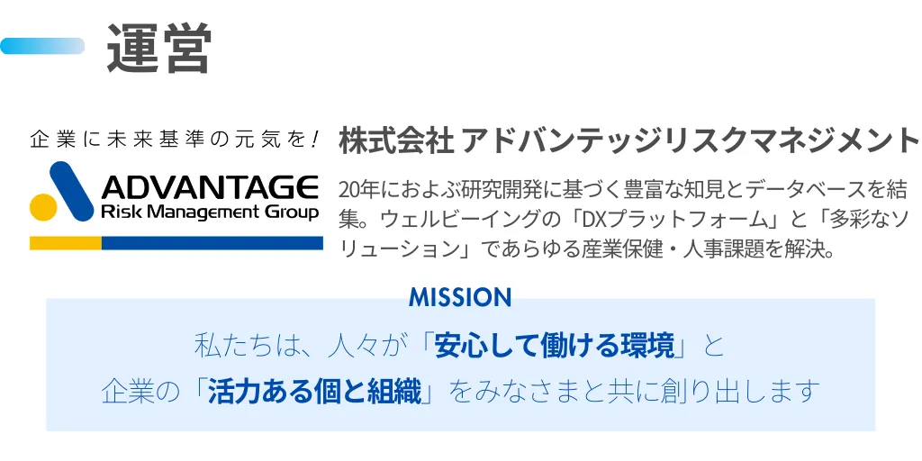 【運営】株式会社アドバンテッジリスクマネジメント　20年におよぶ研究開発に基づく豊富な知見とデータベースを結集 ウェルビーイングの「DXプラットフォーム」と「多彩なソリューション」であらゆる産業保健・人事課題を解決