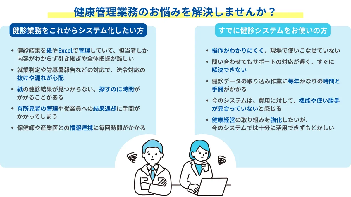 健康管理業務のお悩みを解決しませんか？　健診業務をこれからシステム化したい方・健診結果を紙やExcelで管理していて、担当者しか内容がわからず引き継ぎや全体把握が難しい ・就業判定や労基署報告などの対応で、法令対応の抜けや漏れが心配 ・紙の健診結果が見つからない、探すのに時間がかかることがある ・有所見者の管理や従業員への結果返却に手間がかかってしまう ・保健師や産業医との情報連携に毎回時間がかかる　すでに健診システムをお使いの方　・操作がわかりにくく、現場で使いこなせていない ・問い合わせてもサポートの対応が遅く、すぐに解決できない ・健診データの取り込み作業に毎年かなりの時間と手間がかかる ・今のシステムは、費用に対して、機能や使い勝手が見合っていないと感じる ・健康経営の取り組みを強化したいが、今のシステムでは十分に活用できずもどかしい