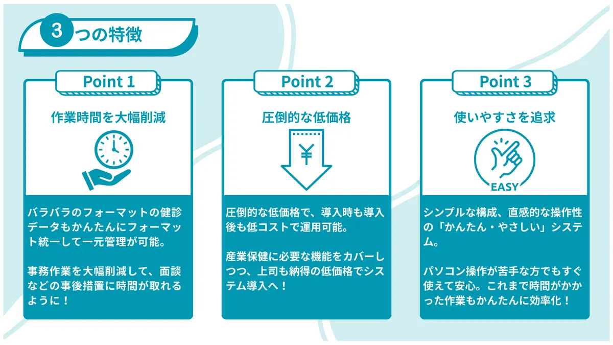 アドバンテッジスマートケアの3つの特徴 ・point1：作業時間を大幅削減 バラバラのフォーマットの健診データもかんたんにフォーマット統一して一元管理が可能。 事務作業を大幅削減して、面談などの事後措置に時間が取れるように！  ・point2：圧倒的な低価格 圧倒的な低価格で、導入時も導入後も低コストで運用可能。 産業保健に必要な機能をカバーしつつ、上司も納得の低価格でシステム導入へ！  ・point3：使いやすさを追求 シンプルな構成、直感的な操作性の「かんたん・やさしい」システム。 パソコン操作が苦手な方でもすぐ使えて安心。これまで時間がかかった作業もかんたんに効率化！