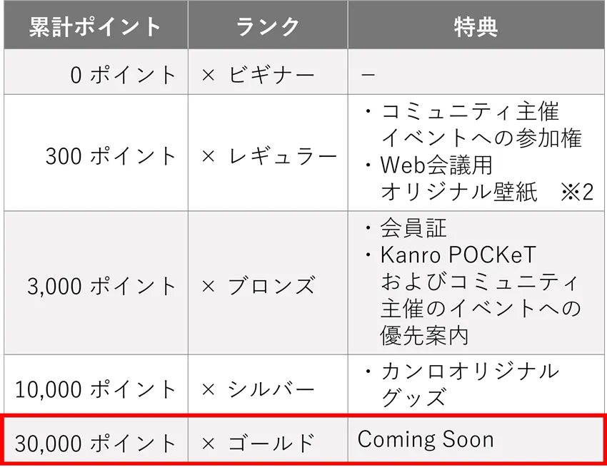 ランクと特典の表