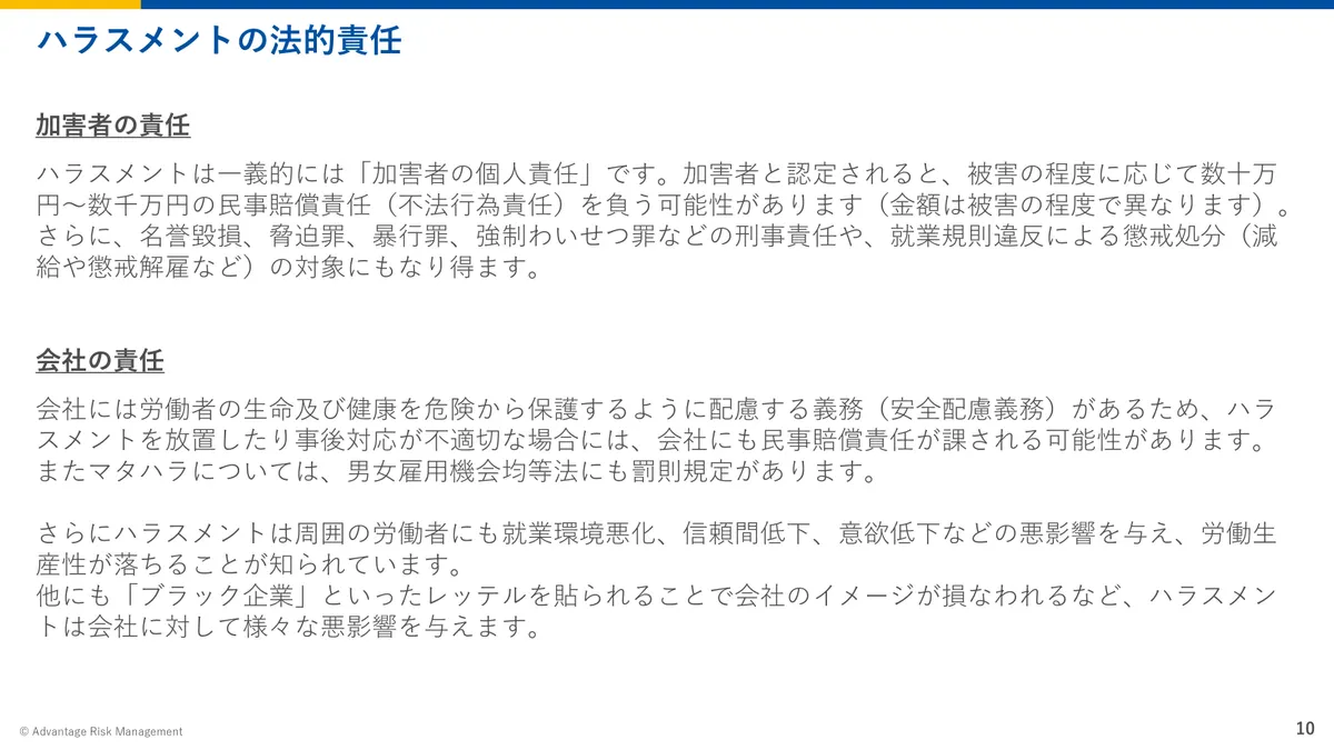 ハラスメントの法的責任​　ハラスメントは一義的には「加害者の個人責任」です。加害者と認定されると、被害の程度に応じて数十万円～数千万円の民事賠償責任（不法行為責任）を負う可能性があります（金額は被害の程度で異なります）。​  さらに、名誉毀損、脅迫罪、暴行罪、強制わいせつ罪などの刑事責任や、就業規則違反による懲戒処分（減給や懲戒解雇など）の対象にもなり得ます。​  ​  ​  会社の責任​  ​  会社には労働者の生命及び健康を危険から保護するように配慮する義務（安全配慮義務）があるため、ハラスメントを放置したり事後対応が不適切な場合には、会社にも民事賠償責任が課される可能性があります。またマタハラについては、男女雇用機会均等法にも罰則規定があります。​  ​  さらにハラスメントは周囲の労働者にも就業環境悪化、信頼間低下、意欲低下などの悪影響を与え、労働生産性が落ちることが知られています。​  他にも「ブラック企業」といったレッテルを貼られることで会社のイメージが損なわれるなど、ハラスメントは会社に対して様々な悪影響を与えます。​