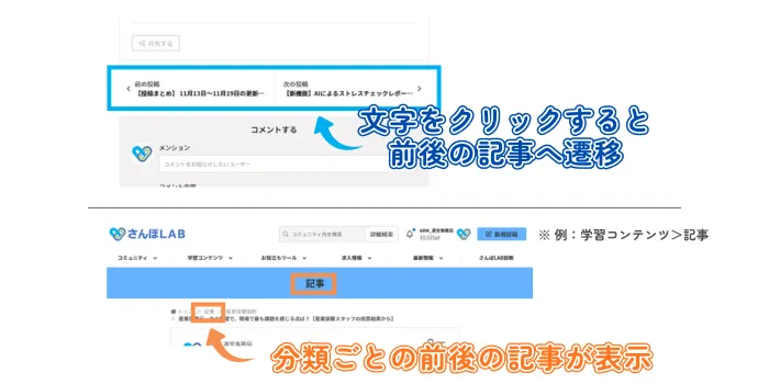 前後に遷移できるボタンは、文字をクリックすると使えます。分類ごとの前後の記事が表示されます。
